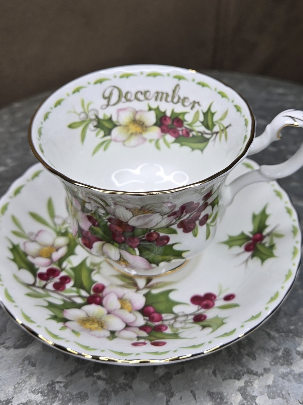 Vintage Royal Albert December Christmas Rose Flower of the Month Teacup & Saucer
